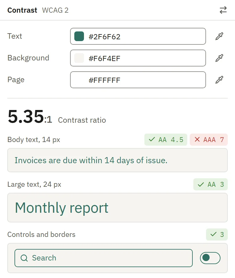 Contrast of 5.35:1 with AA and AAA marks for text