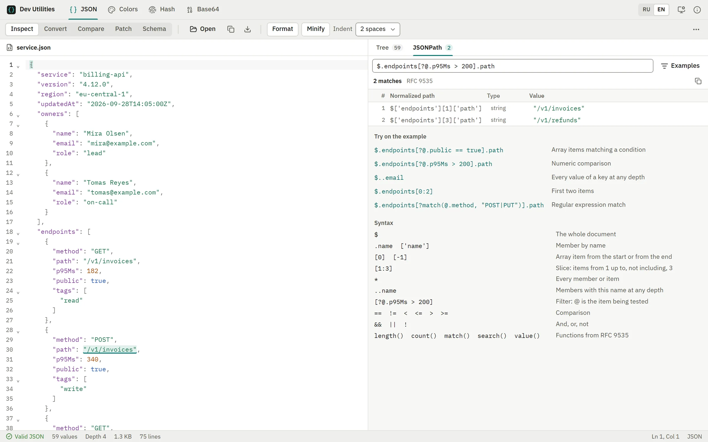 A JSONPath query and two matches