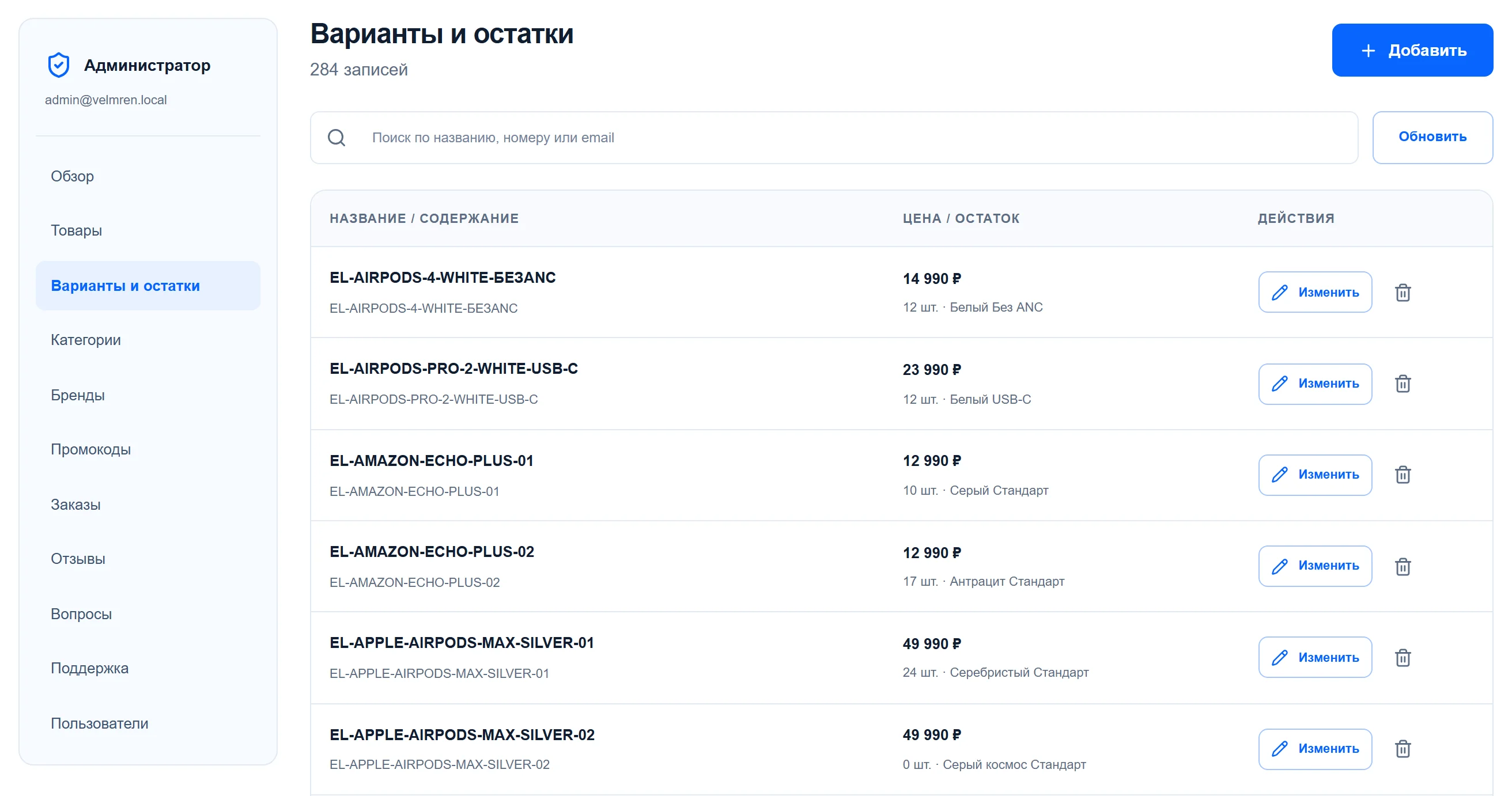 Панель управления, раздел «Варианты и остатки»