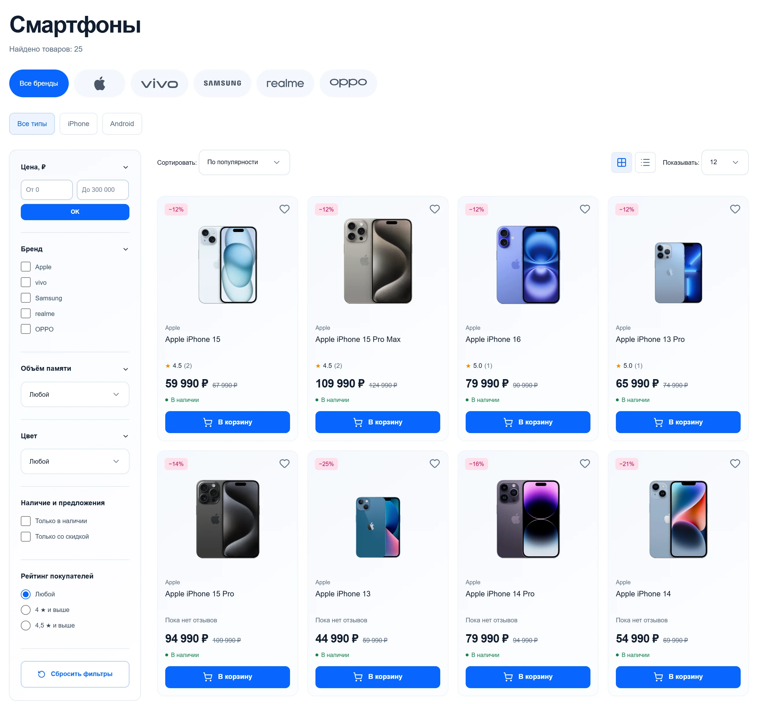 Категория «Смартфоны» с фильтрами и карточками