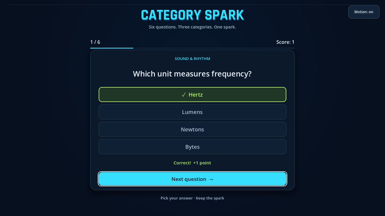 Category Spark: правильный ответ, зелёная отметка и счёт 1 из 6