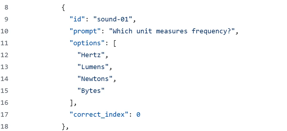 A question in JSON: text, options and the index of the right answer