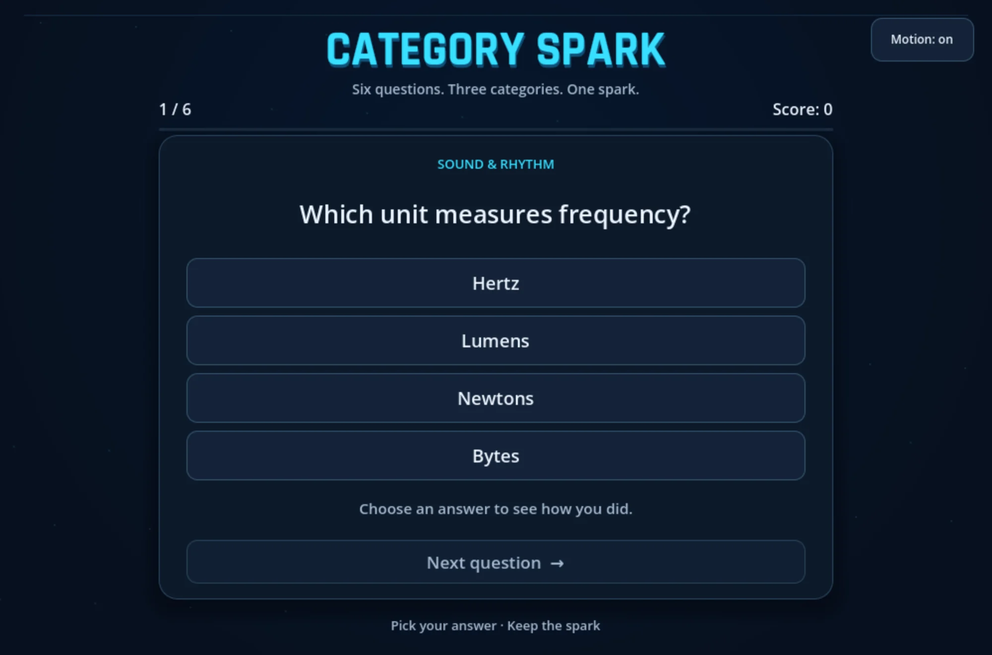 Category Spark in the browser: the first question and four answers