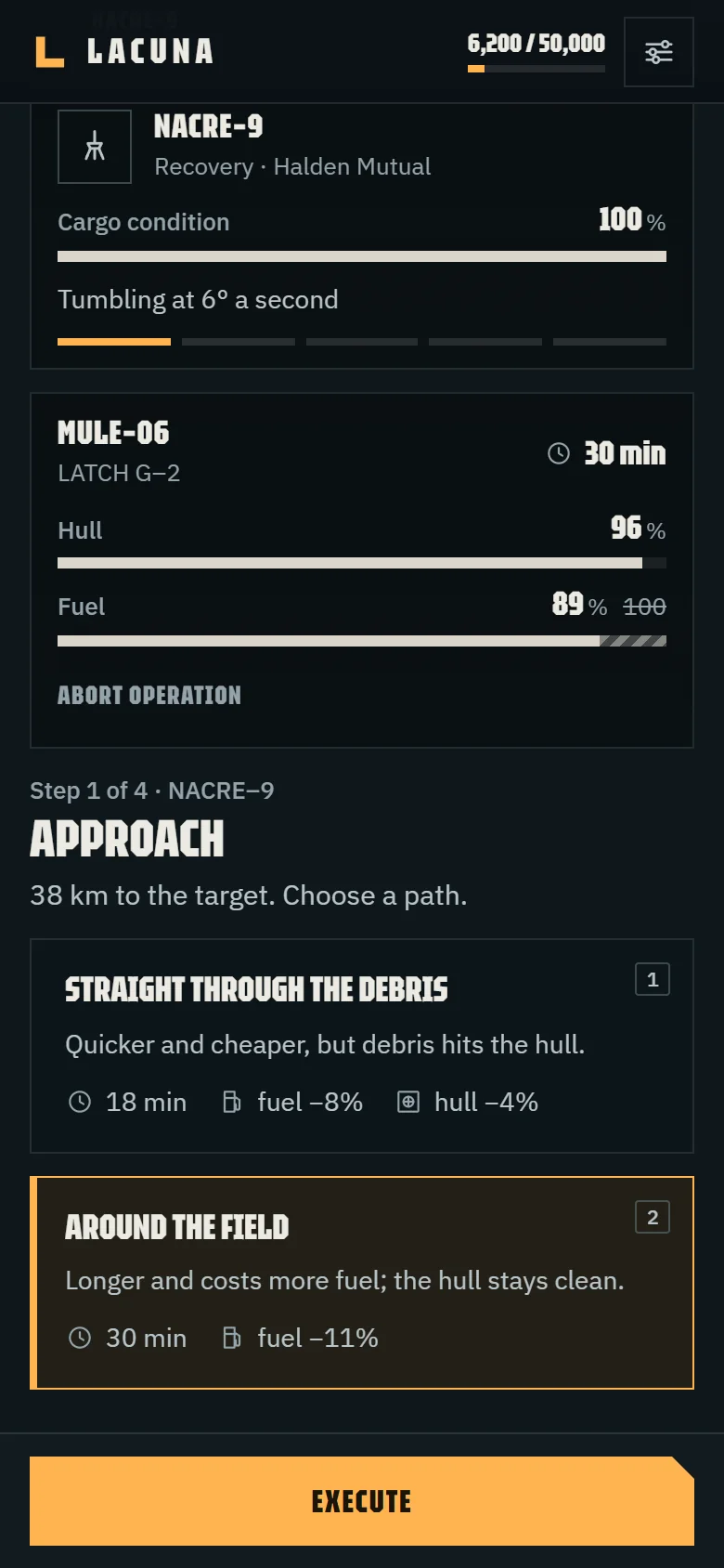 Two options on a phone: time, fuel and hull wear