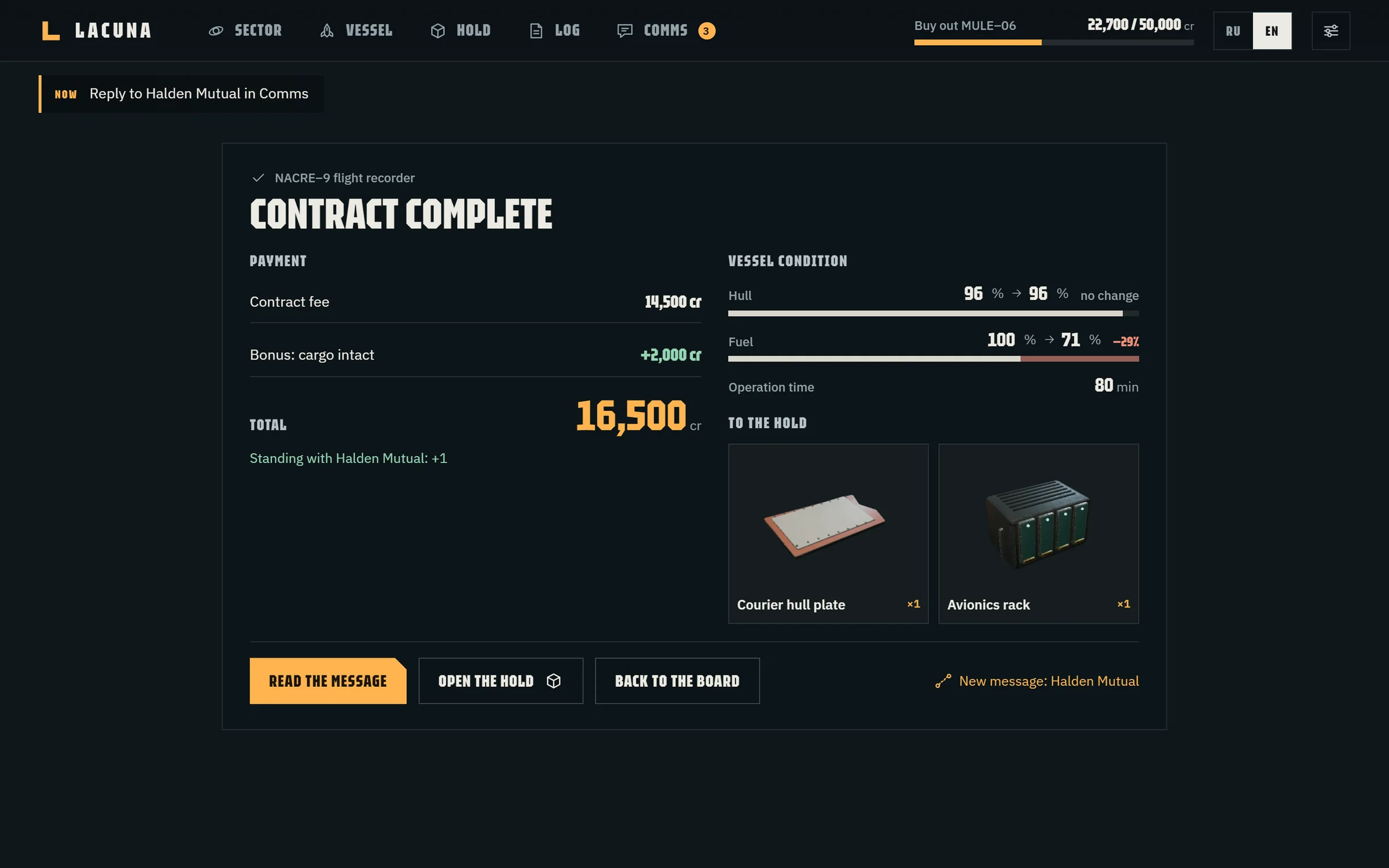 Contract results: pay, vessel and hold