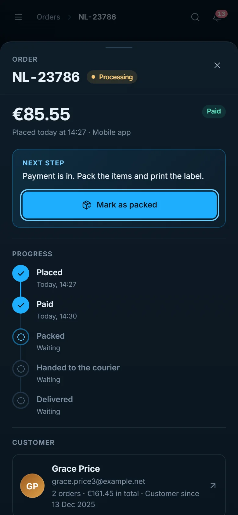 An order on a phone