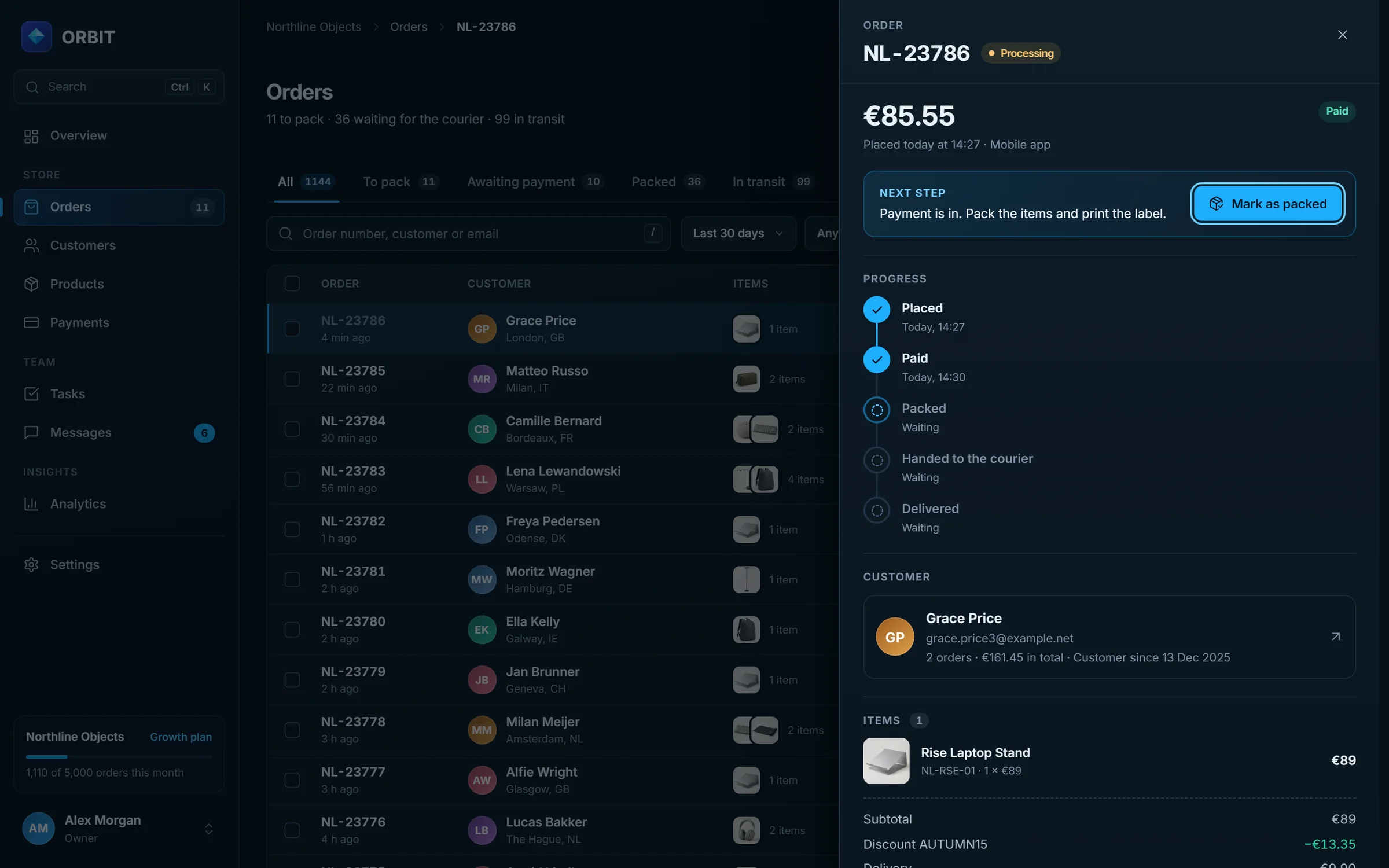 The order list with an order open