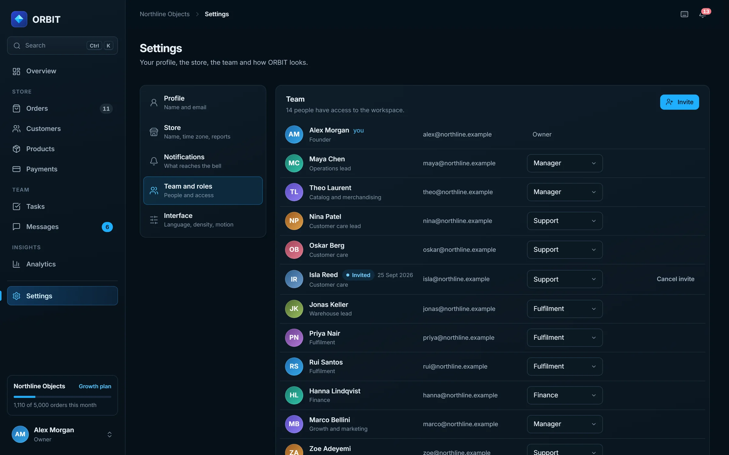 Team: roles and access for 14 people