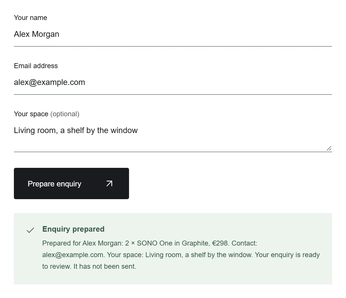 Filled form and the prepared enquiry with the chosen set