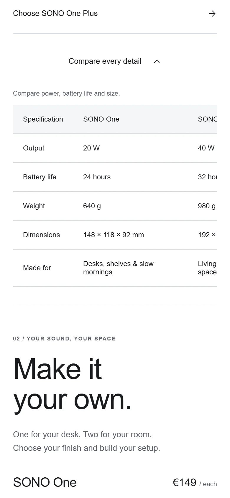 Comparison table on a phone